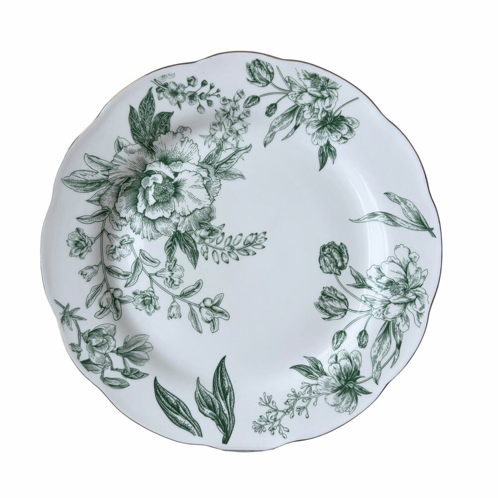 Medici Green Floral Toile Dinner Plates 10.5in Set of 4 Scalloped Porcelain New